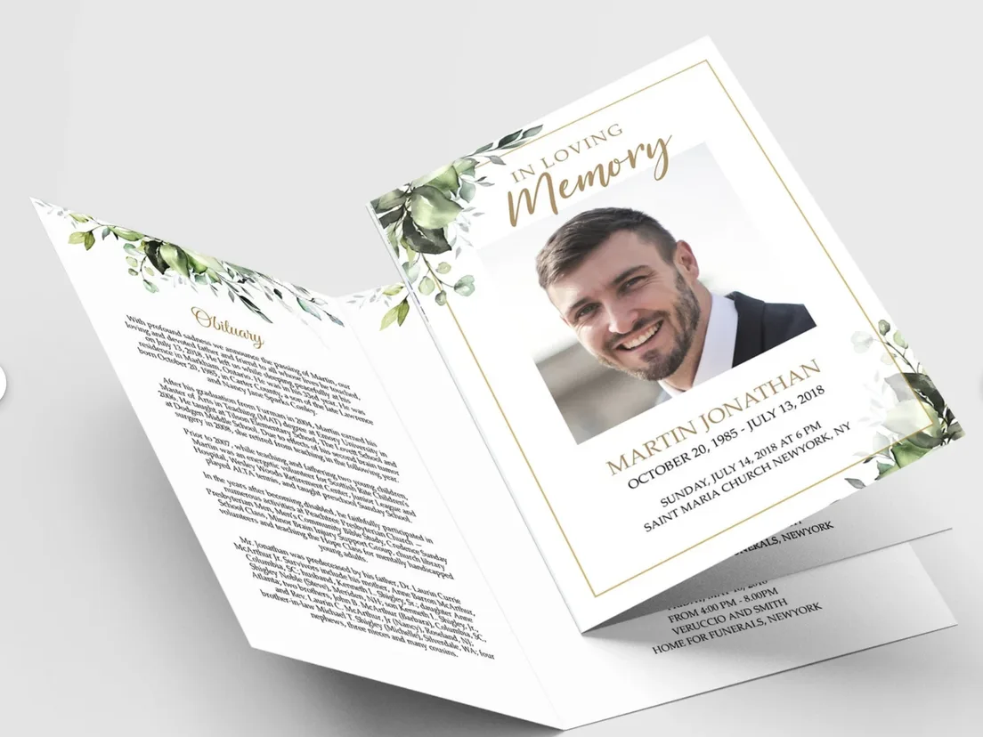 Order of service open at a spread with a photograph and greenery illustration