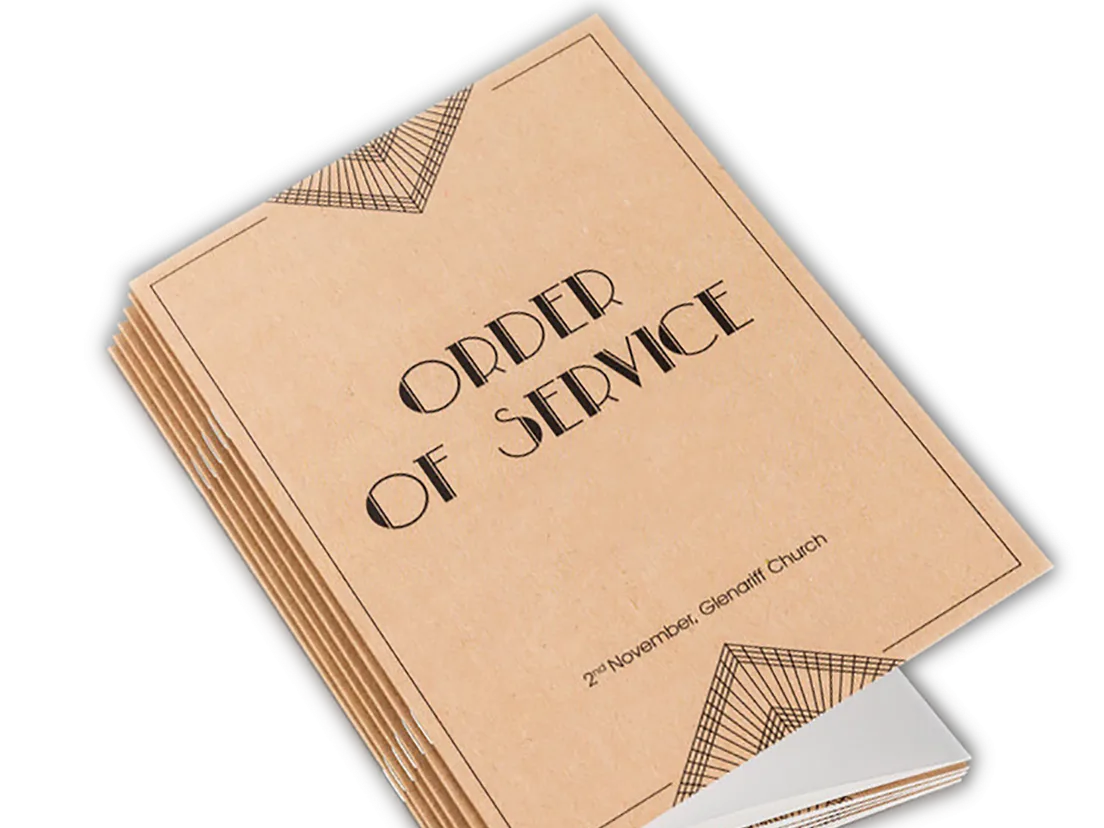 Kraft-coloured order of service cover printed in an art deco style