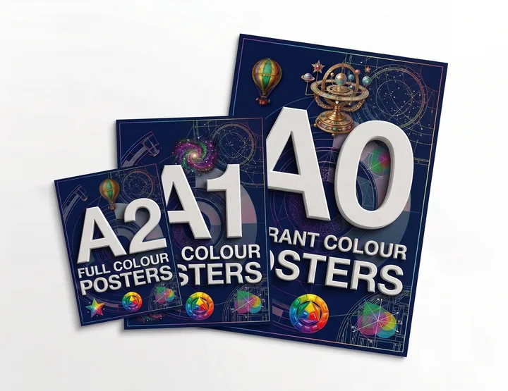 Three full colour posters fanned out on white, labelled A2, A1 and A0