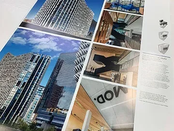 Poster montage of glass office towers and city architecture in several panels