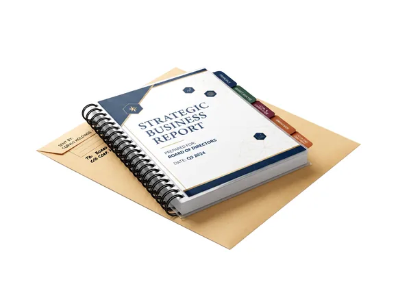 Wire bound confidential board report with tabbed dividers, delivered in a sealed envelope