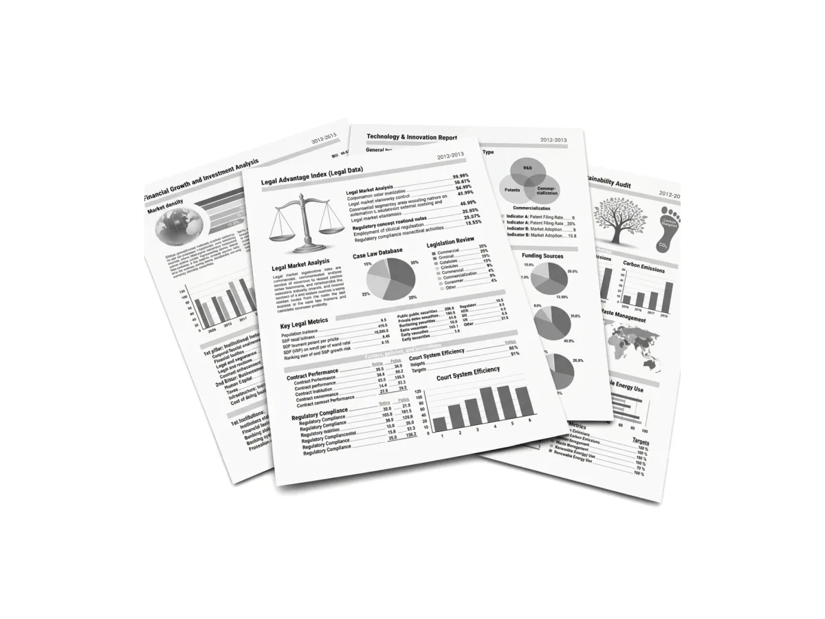 Fanned printed reports showing charts, tables and legal analysis pages