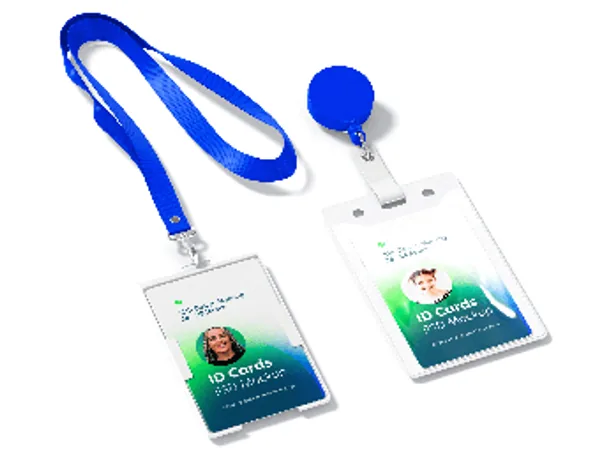 Conference ID badges and name tags in lanyard pouches