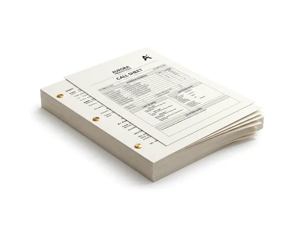 Stack of printed film scripts bound with brass fasteners, call sheet on top