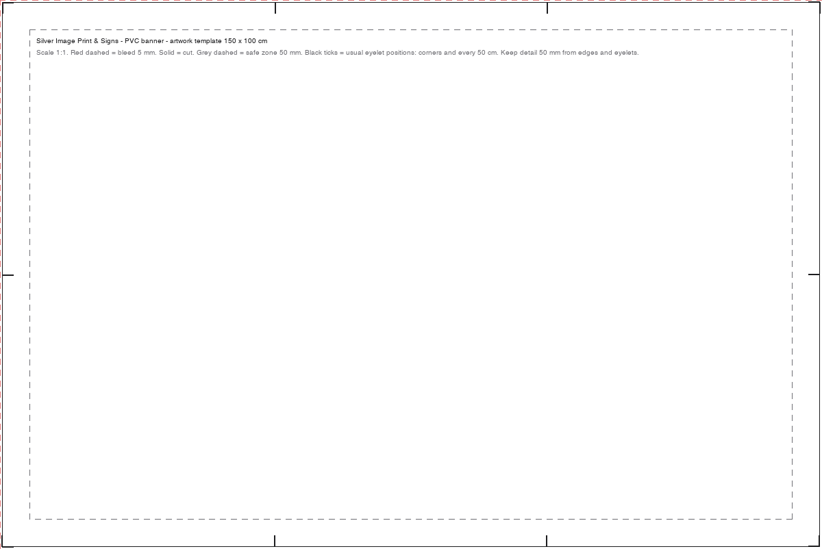Artwork template for a 150 by 100 cm PVC banner: bleed, cut line and 50 mm safe zone