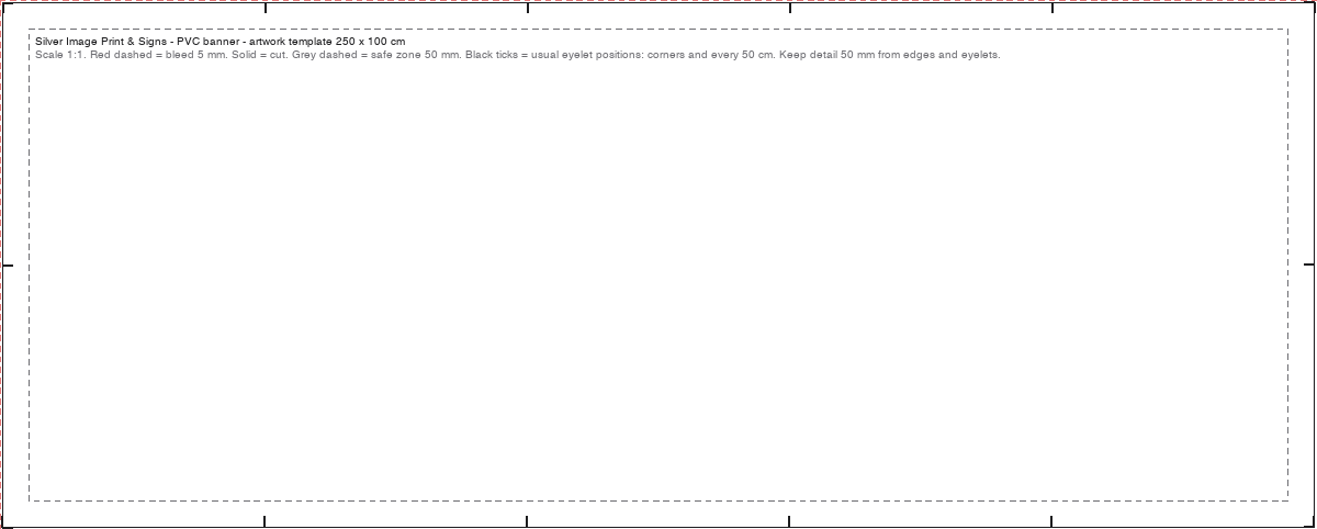 Artwork template for a 250 by 100 cm PVC banner: bleed, cut line and 50 mm safe zone