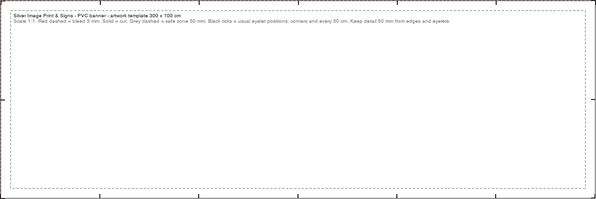 Artwork template for a 300 by 100 cm PVC banner: bleed, cut line and 50 mm safe zone