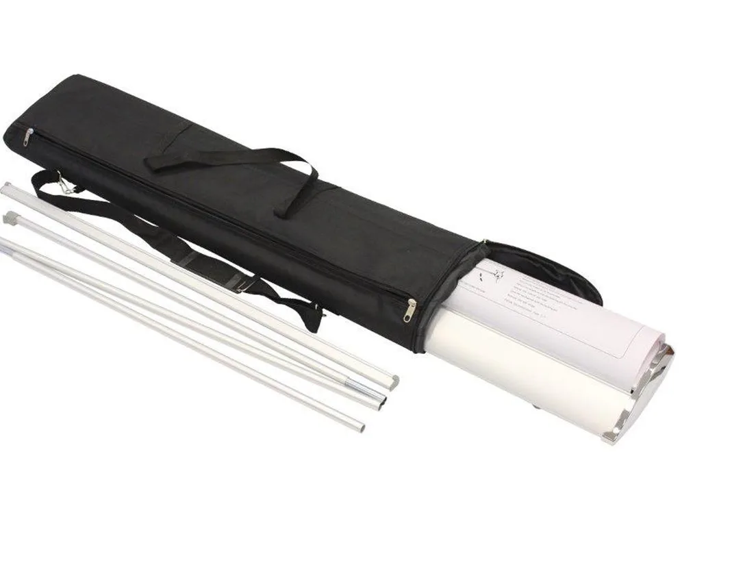 Roller banner hardware laid out: aluminium cassette base, two-piece support pole and a black padded carry bag