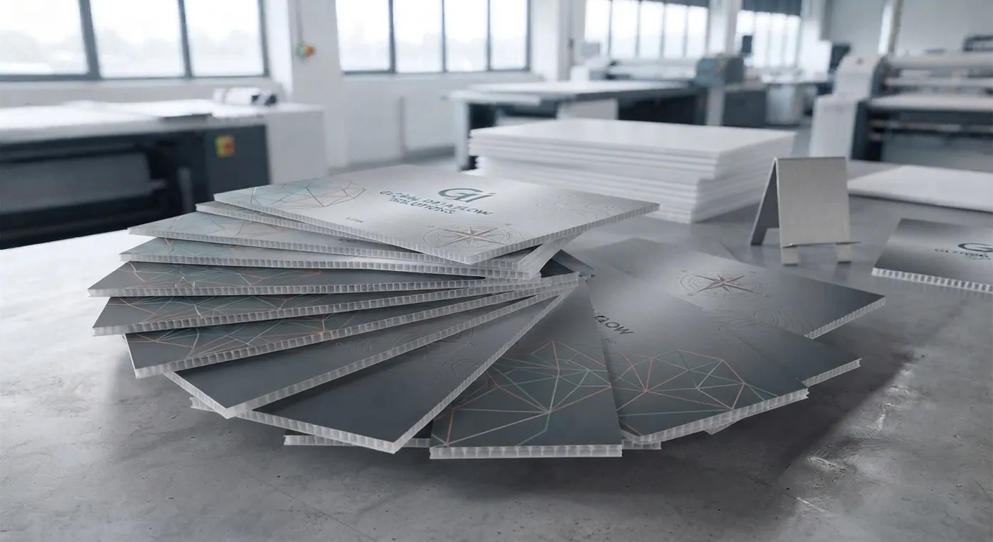 Printed Correx boards stacked, fluted edge visible