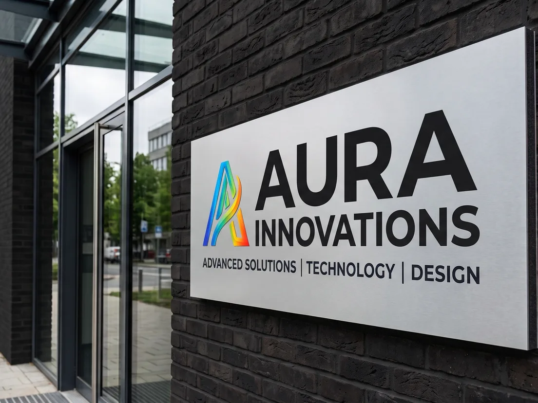 Printed Dibond fascia sign on a brick frontage, seen at an angle so the flat composite panel and its clean edge are visible