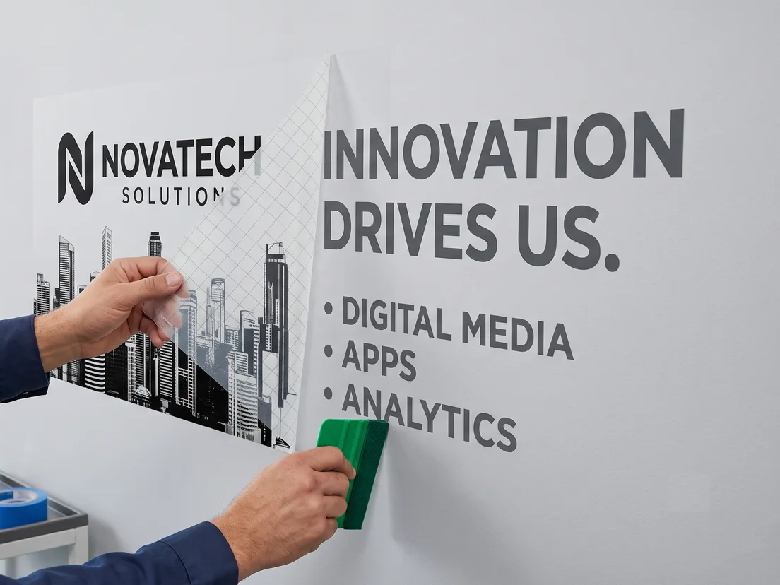 Printed vinyl graphic being squeegeed onto a wall panel by hand