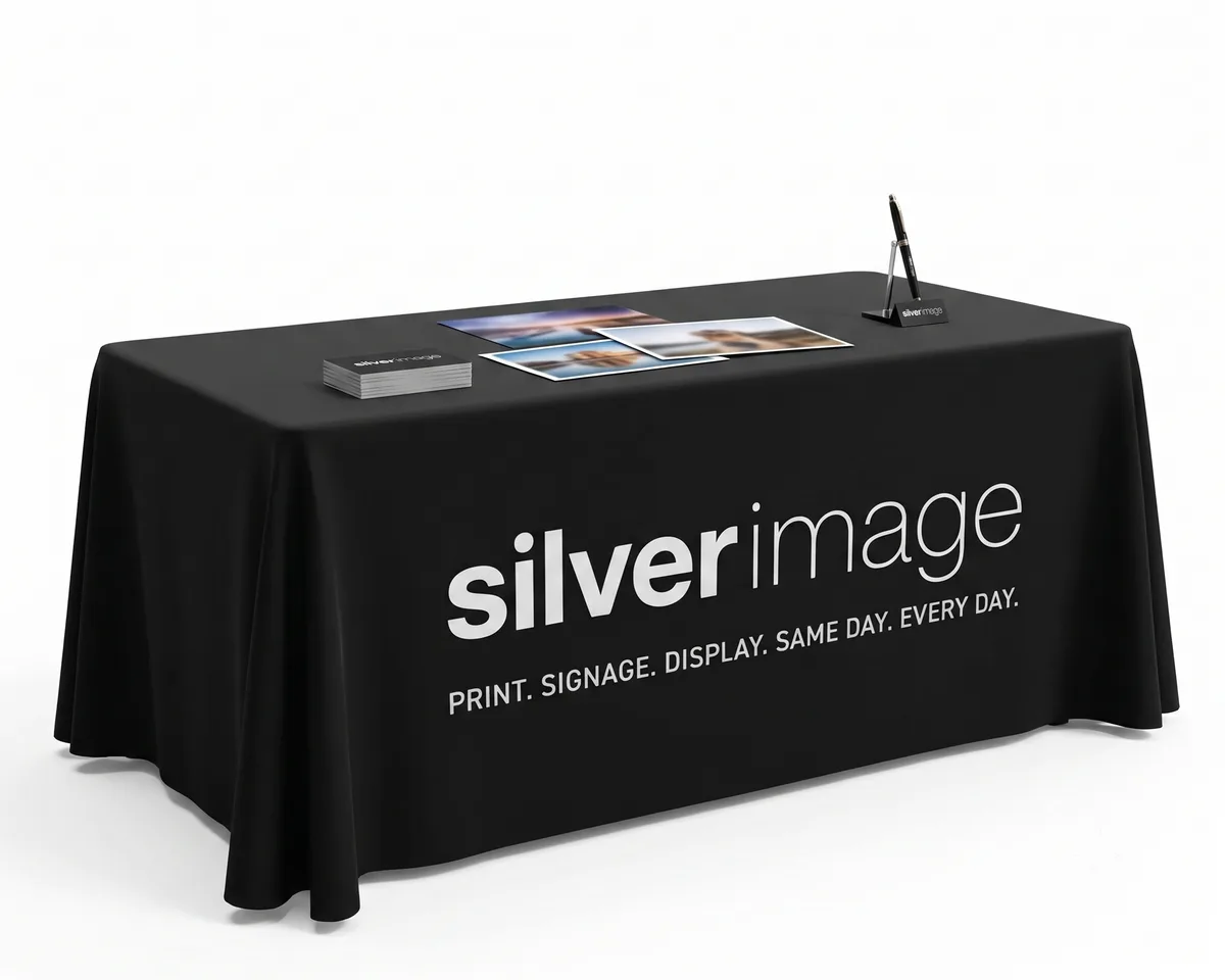 Printed tablecloth fitted over an exhibition table, branded across the front drop, shown against a white background