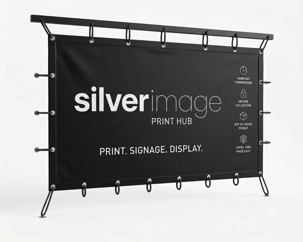 Printed PVC banner with reinforced hems, metal eyelets and tensioning ropes, shown against a white background