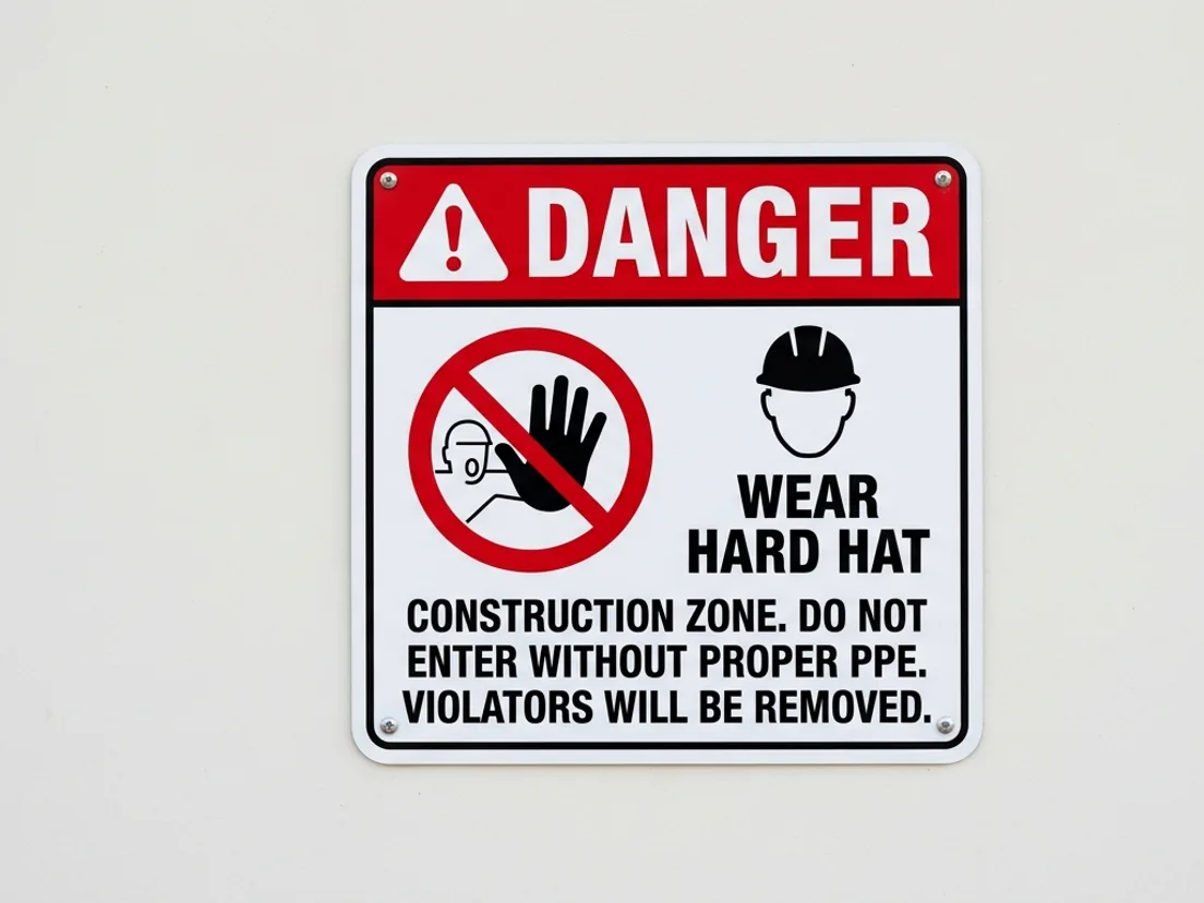 Rigid safety sign reading Danger, Wear Hard Hat, with ISO-style hazard pictograms