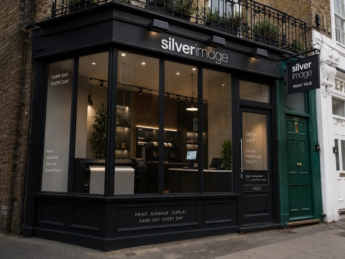 Shop frontage with an illuminated fascia sign and printed window graphics