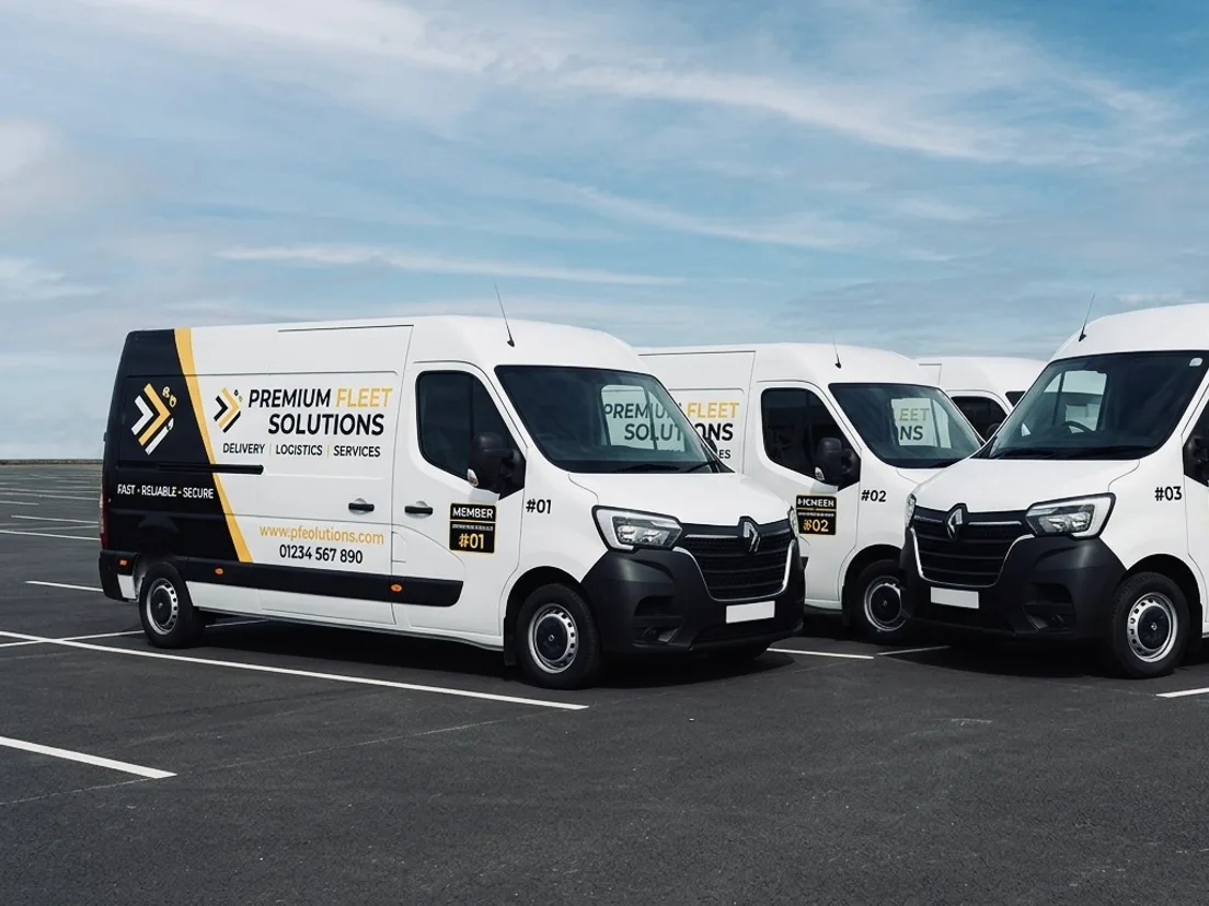 Fleet of white vans with printed vinyl livery and logos applied to the panels