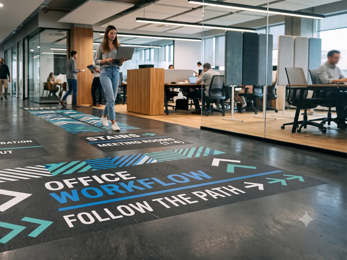 Printed floor graphics with directional arrows running through an open-plan office
