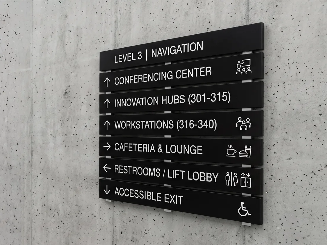 Wall-mounted directional sign with floor numbers, arrows and pictograms in a concrete lobby